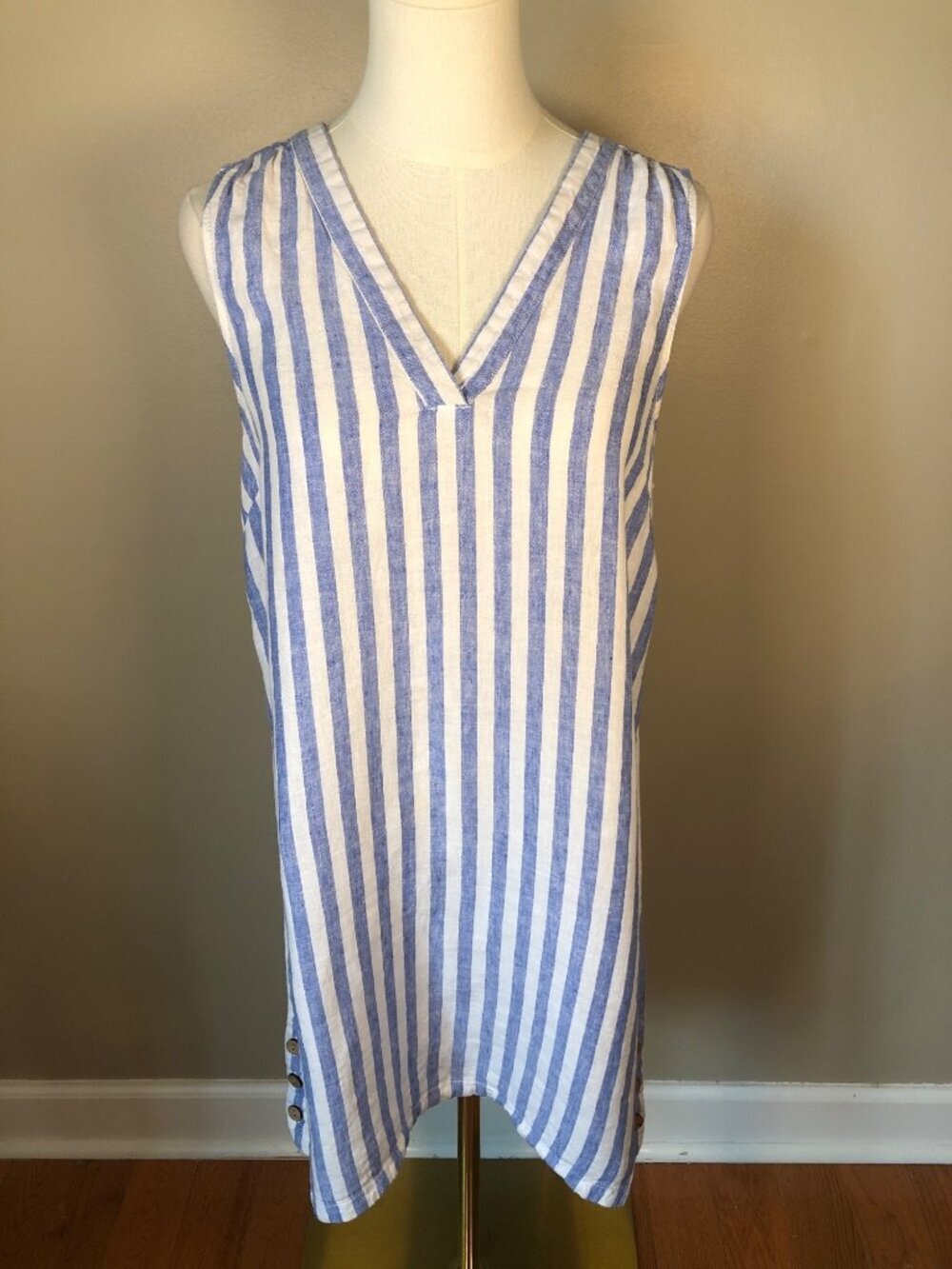 Nicole Miller 100% Linen Blue & White Striped Tank Dress Coastal Size M